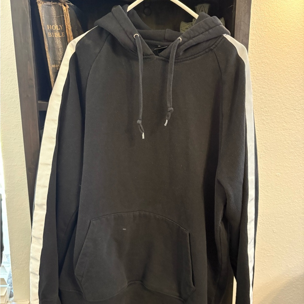 XL Black hoodie with white sleeve stripe